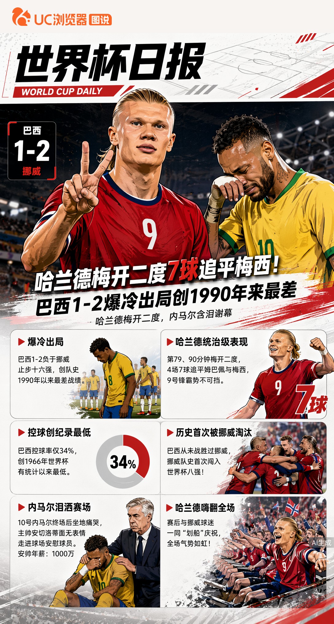 哈兰德梅开二度7球追平梅西！巴西1-2爆冷出局创1990年来最差