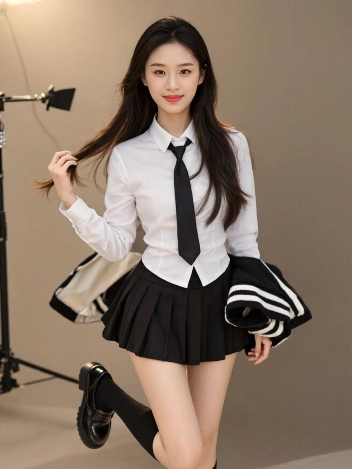白衬衫与百褶裙的碰撞，经典又俏皮，仿佛回到了校园时光。领带微微倾斜，多了几分随性