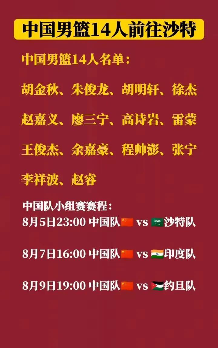 确定了！中国男篮14人前往沙特打亚洲杯！中国男篮目前已经确定了去沙特打亚洲杯的