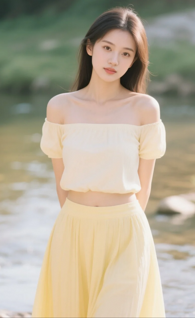 恬淡佳人，小河之畔静静凝望，神态恬淡，特写留存温婉模样