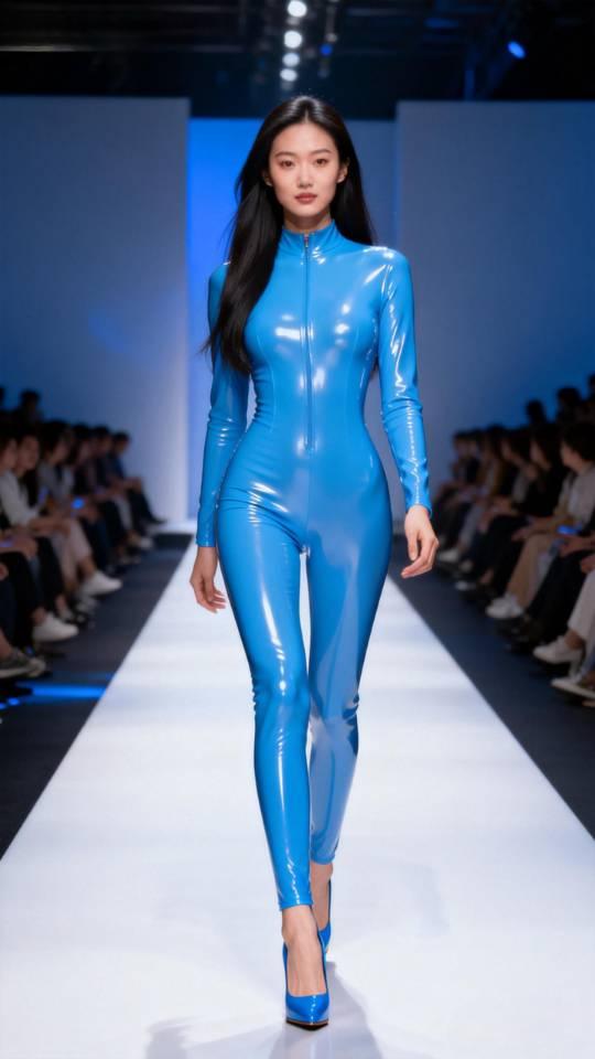 身穿蓝色连体衣的女模特T台走秀。美女壁纸T台秀