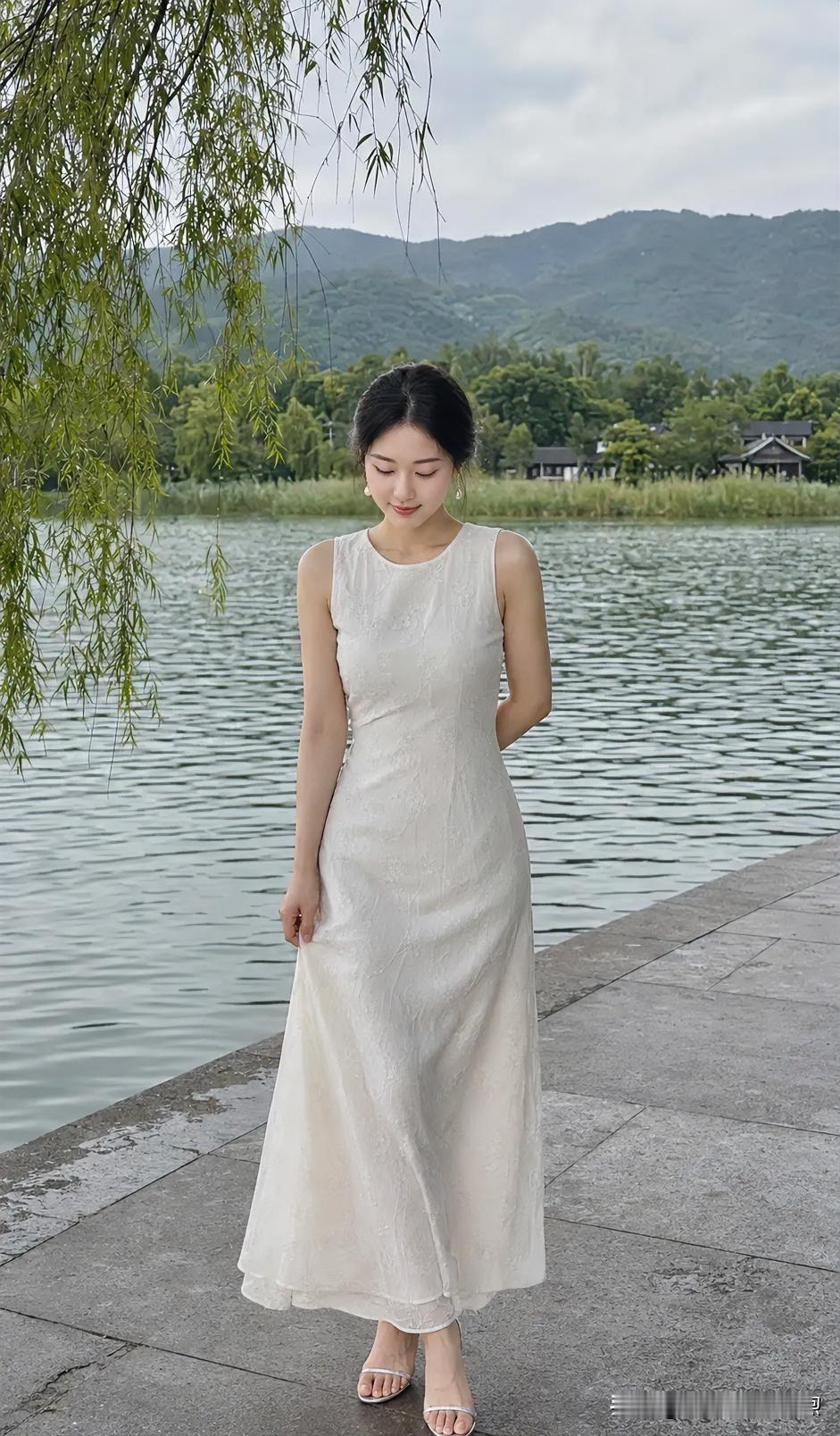 湖畔垂柳依依，素衣女子静立如诗。白裙曳地，与远山碧水相映，眸光低垂间，温婉似江南