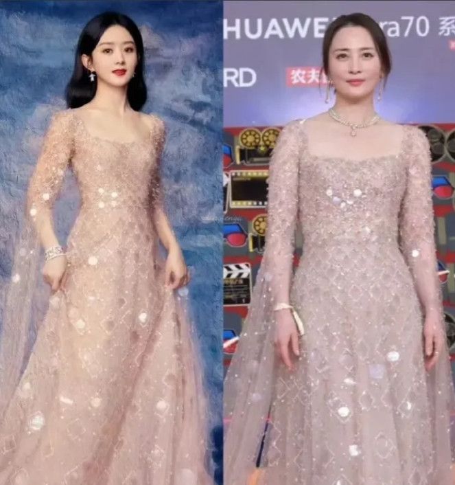 双姝撞衫，骨感与丰满型哪个更好看？画面中的赵丽颖长发披肩，身形轻巧，杏脸桃腮