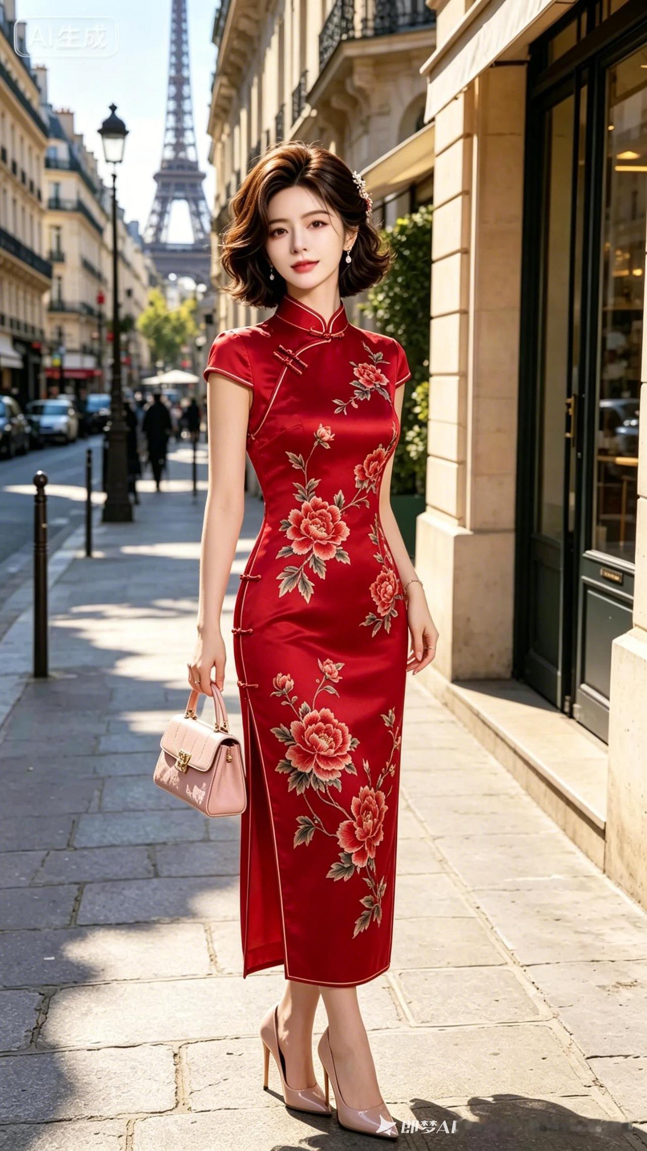这位女士穿着红色旗袍，走在巴黎街头。