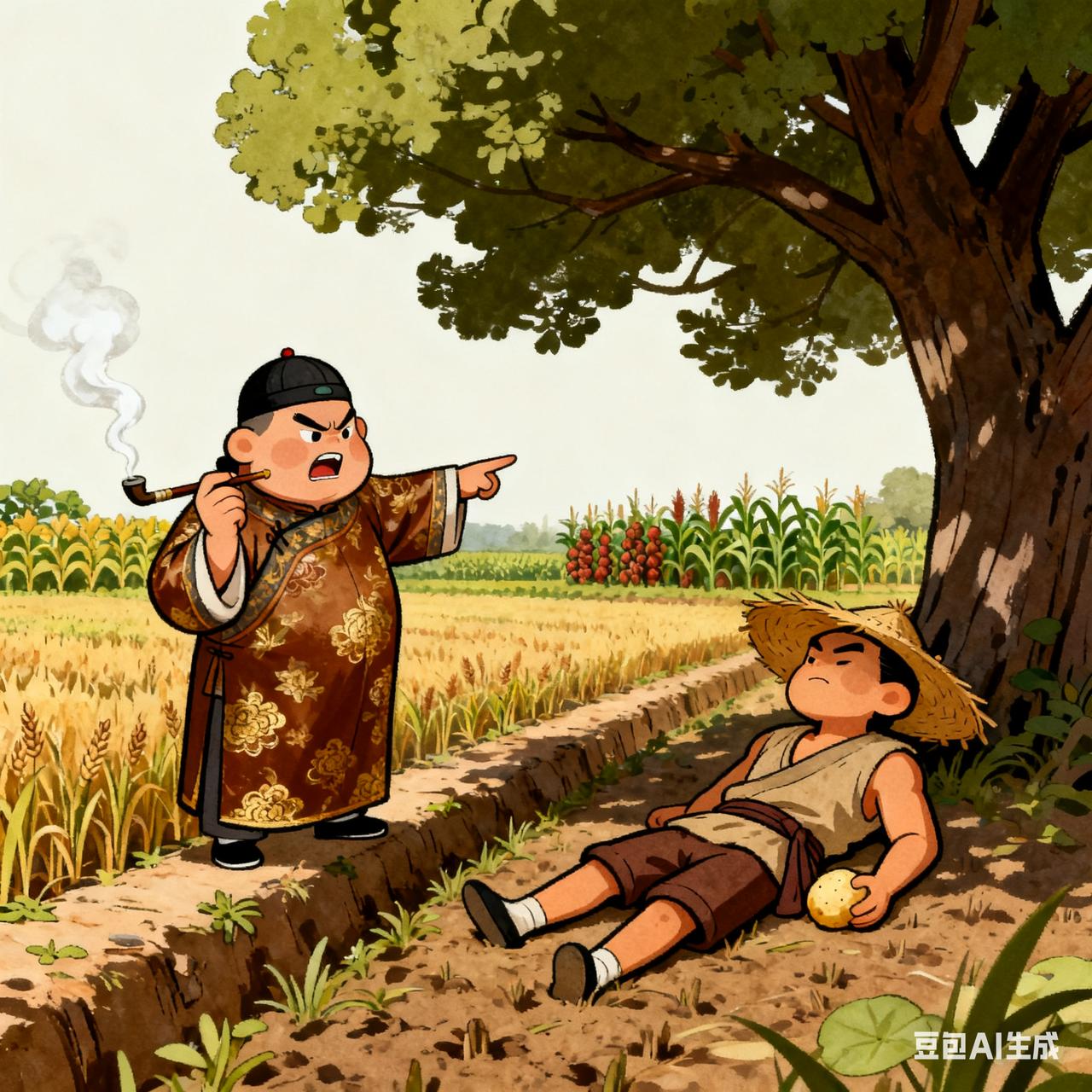 古代笑话地主一早跑到田里，见长工正躺在树荫下啃窝头，顿时火冒三丈：“我雇你是