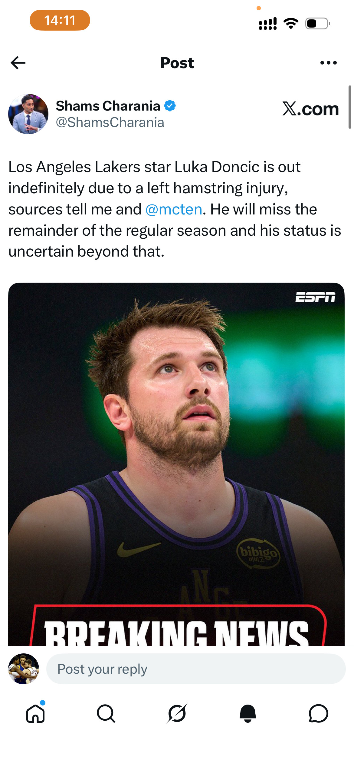 上午去开会，现在才看到这个消息：洛杉矶湖人队球星卢卡·东契奇因左腿筋受伤将无限期