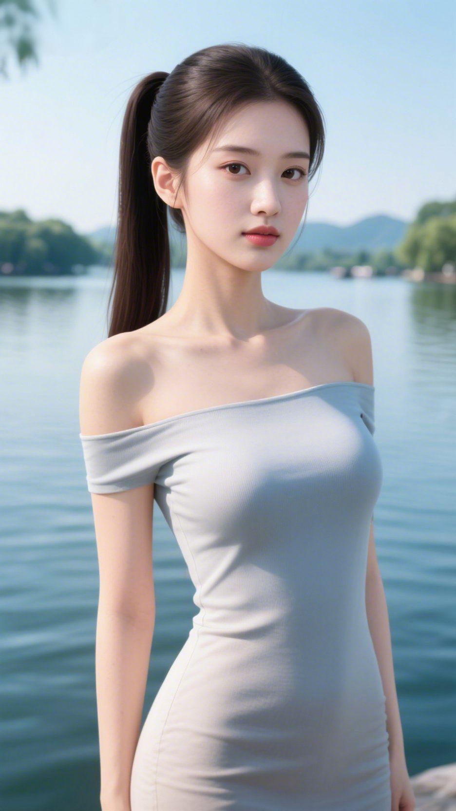 《湖光里的轻舒》湖风裹着水汽漫开，浅调裙装衬出舒展的模样，露肩的姿态浸着轻