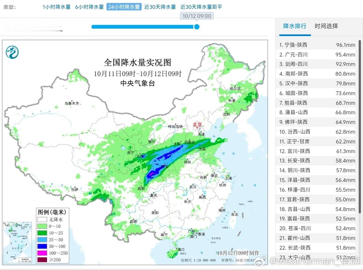 【强降雨】昨天到今晨，甘肃东南部、四川东北部、陕西中南部、山西南部出现暴雨。而且