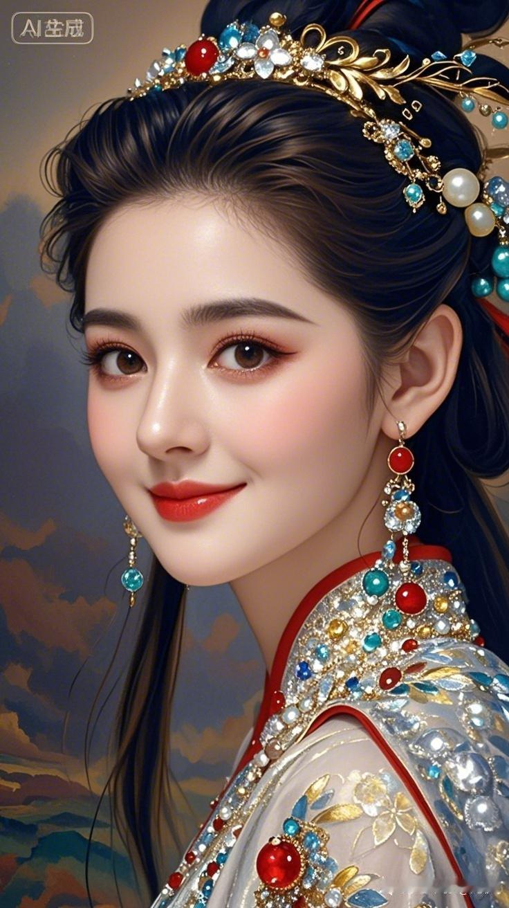 绝色美少女，浓妆明艳动人。华丽复古服饰缀满玛瑙、亮片、珍珠与钻石，璀璨奢华。灵动