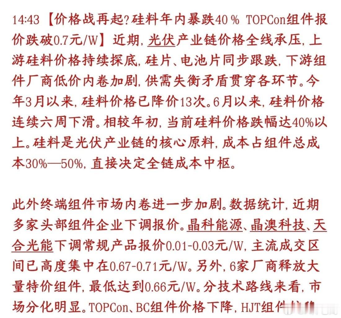 光伏板块真的是雪上加霜，硅片又降价了，今年都快降一半了光伏上游原材料硅料今年价格