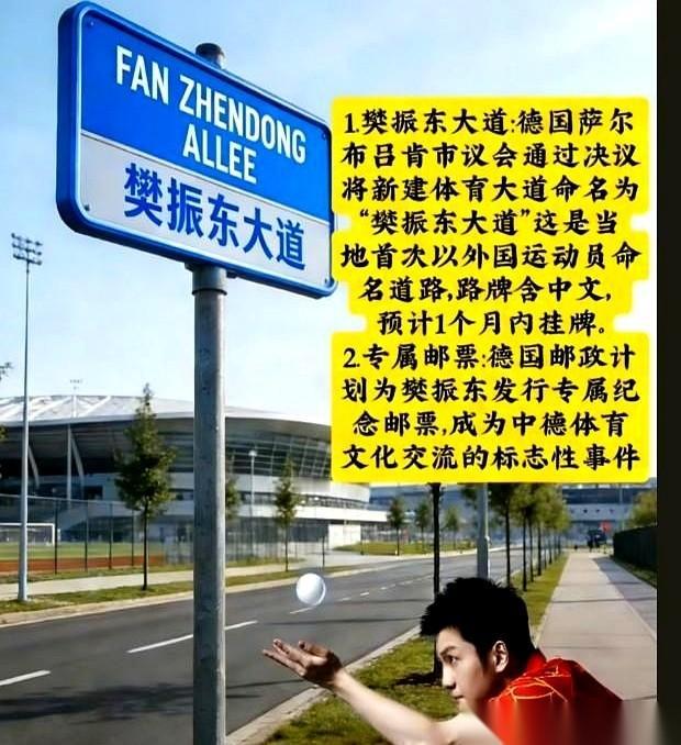 德国人给一条路起了个中国名字，叫“樊振东大道”。路牌上，还给你印上中文。就因