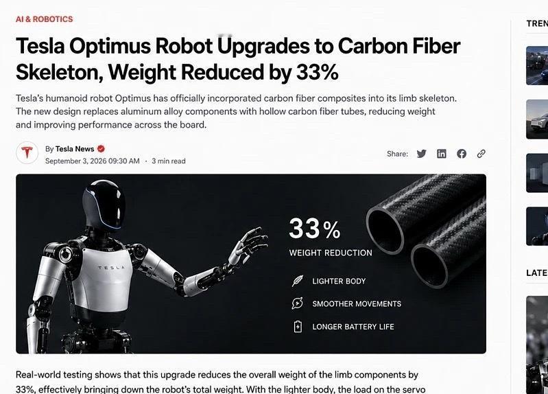 特斯拉Op­t­i­m­us人形机器人已经正式把碳纤维复合材料应用于四肢骨架结构