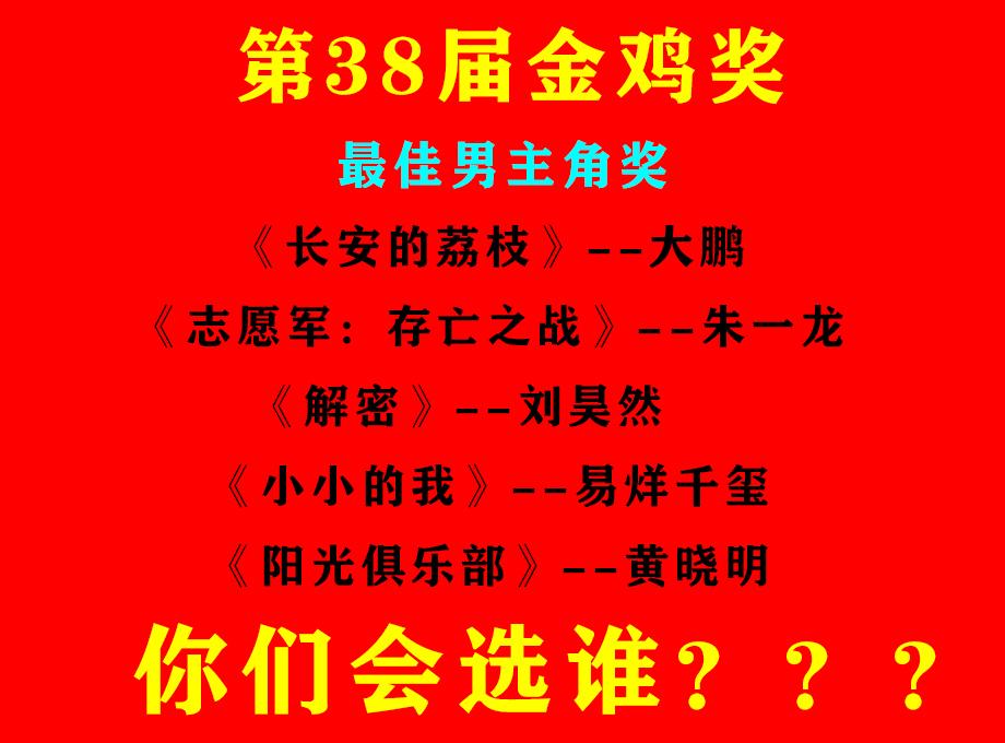 第38届金鸡奖最佳男主角奖将会花落谁家？目前，提名的男演员有大鹏、朱一龙、刘
