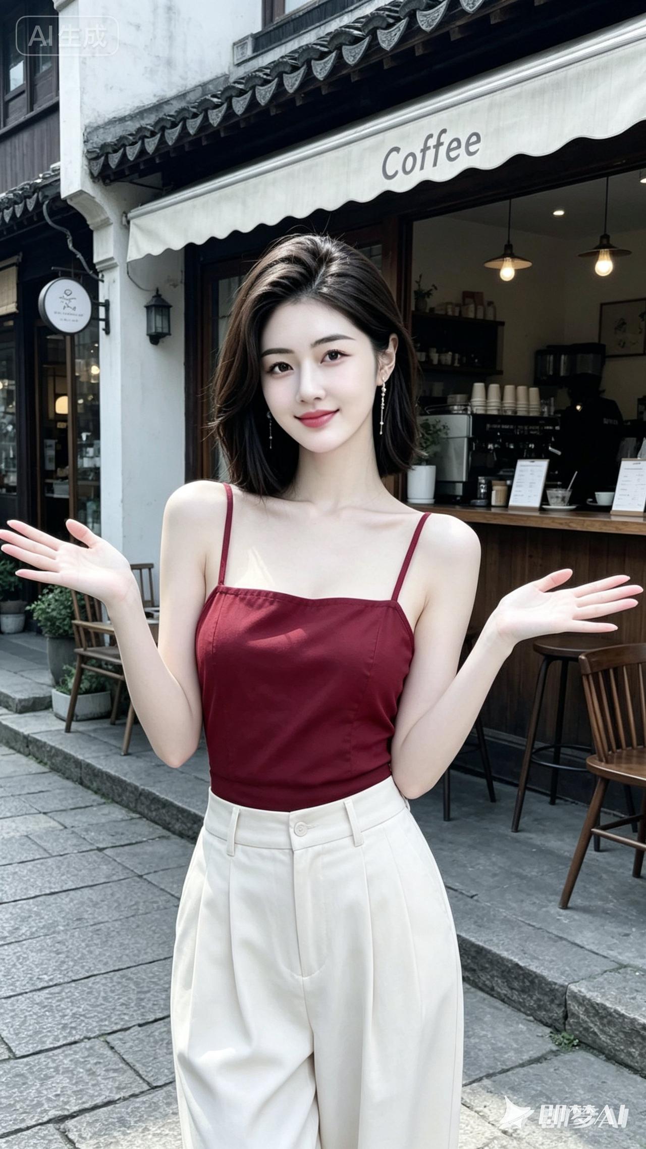 咖啡馆前，甜美少女，红衣搭配米色裤，轻松惬意。