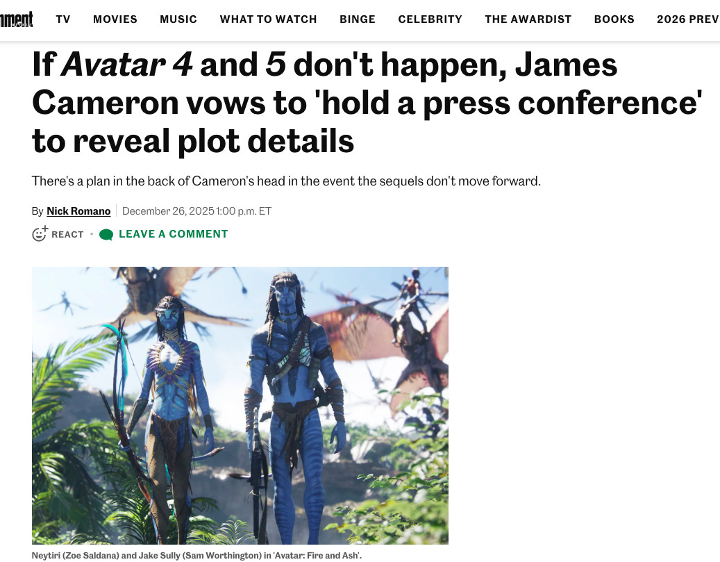 TNABO詹姆斯·卡梅隆表示，要是《阿凡达4/5》拍不出，他会直接开个发布会把