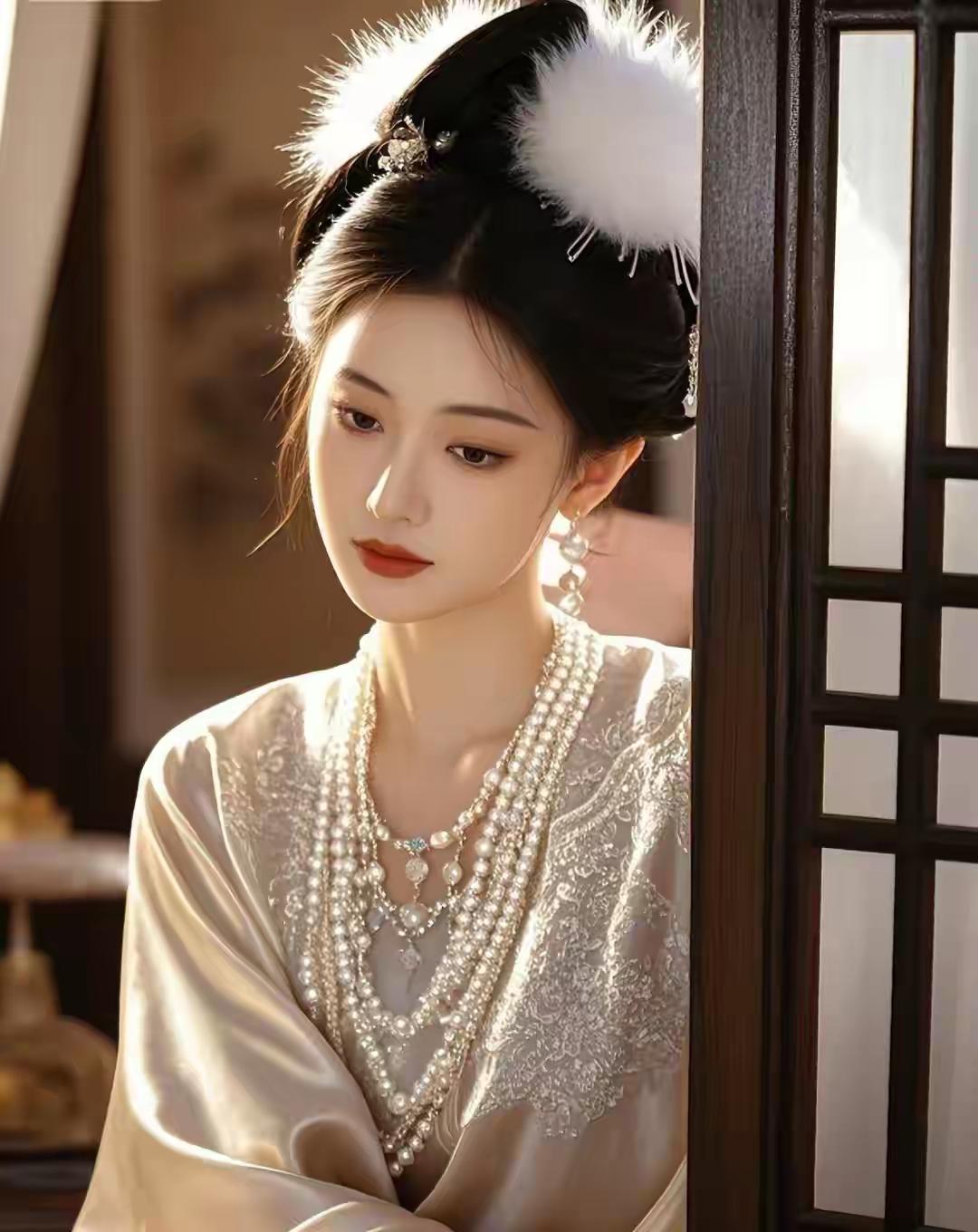 米白汉服与珍珠配饰的完美融合，尽显古典优雅气质