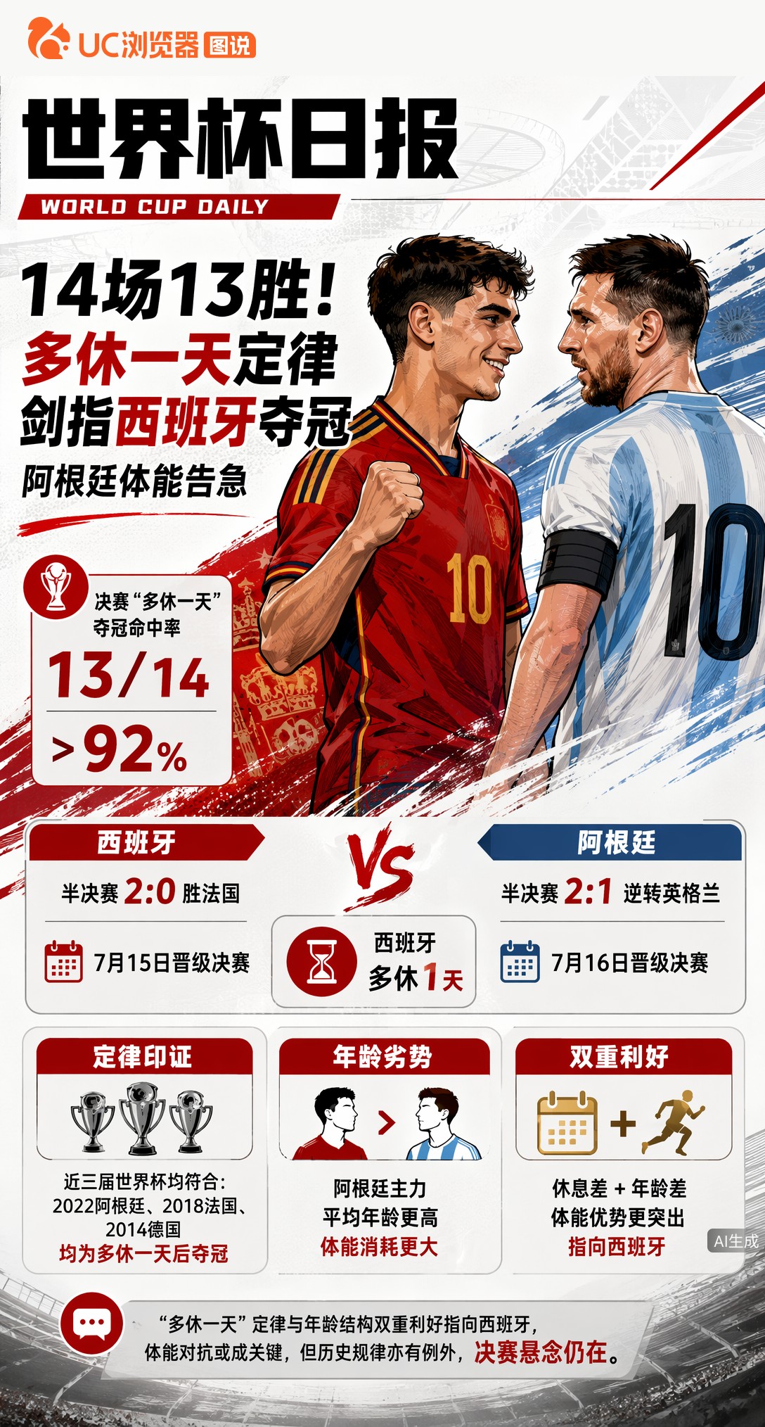 14场13胜！多休一天定律剑指西班牙夺冠，阿根廷体能告急