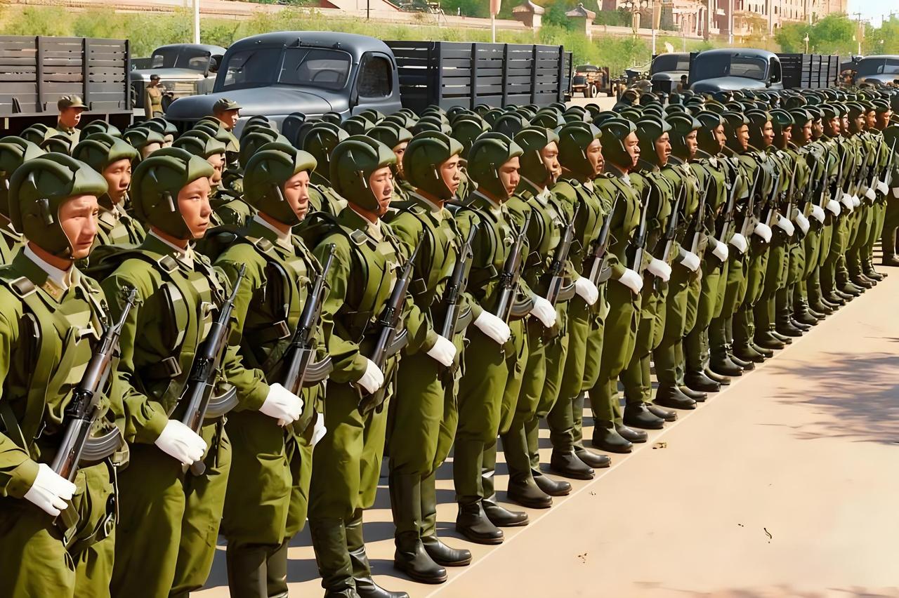 1959年国庆阅兵式的现场，解放军空降兵部队整齐列阵，战士们身着军装，头戴头盔，