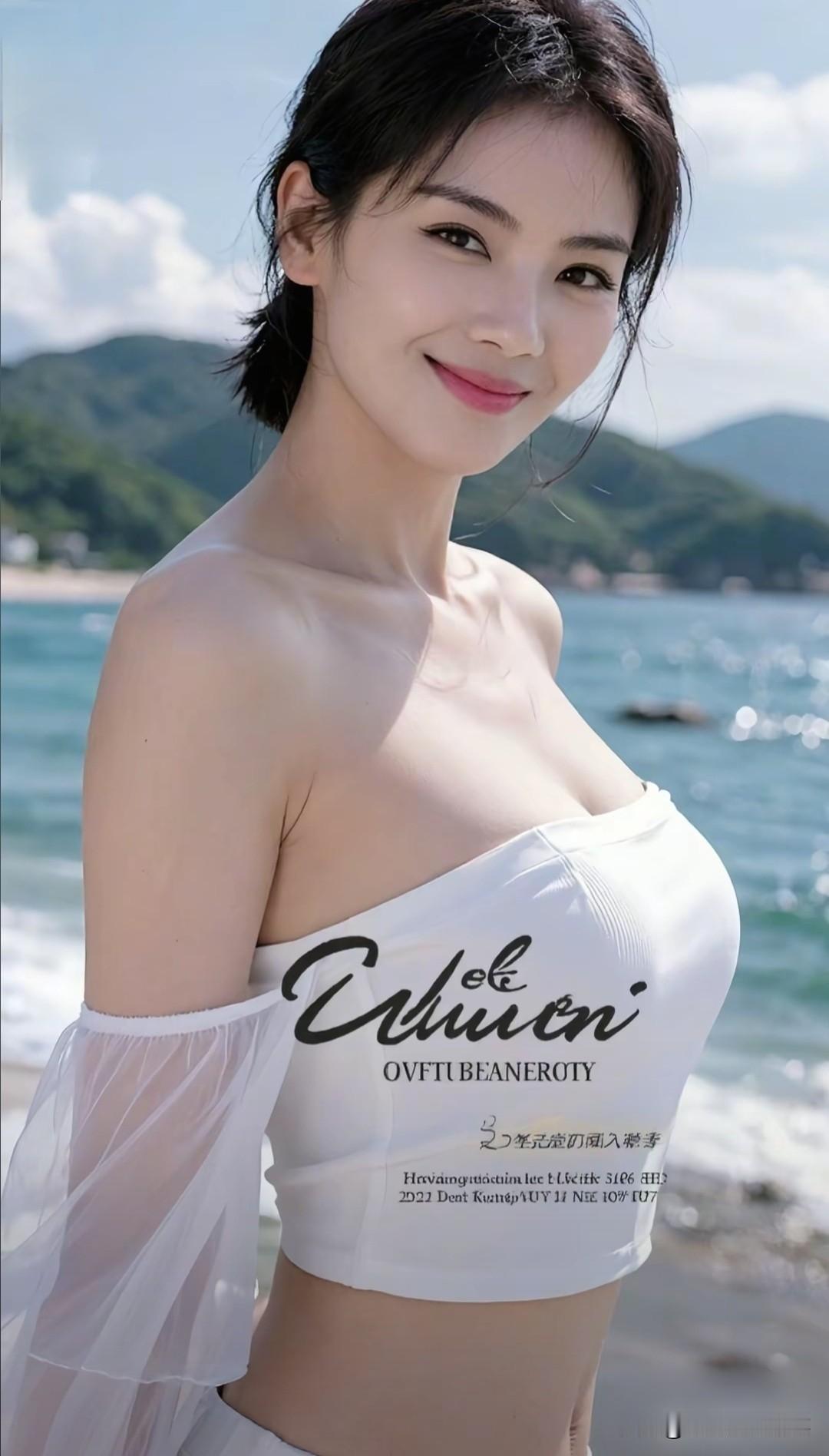 刘涛白色抹胸海边拍照