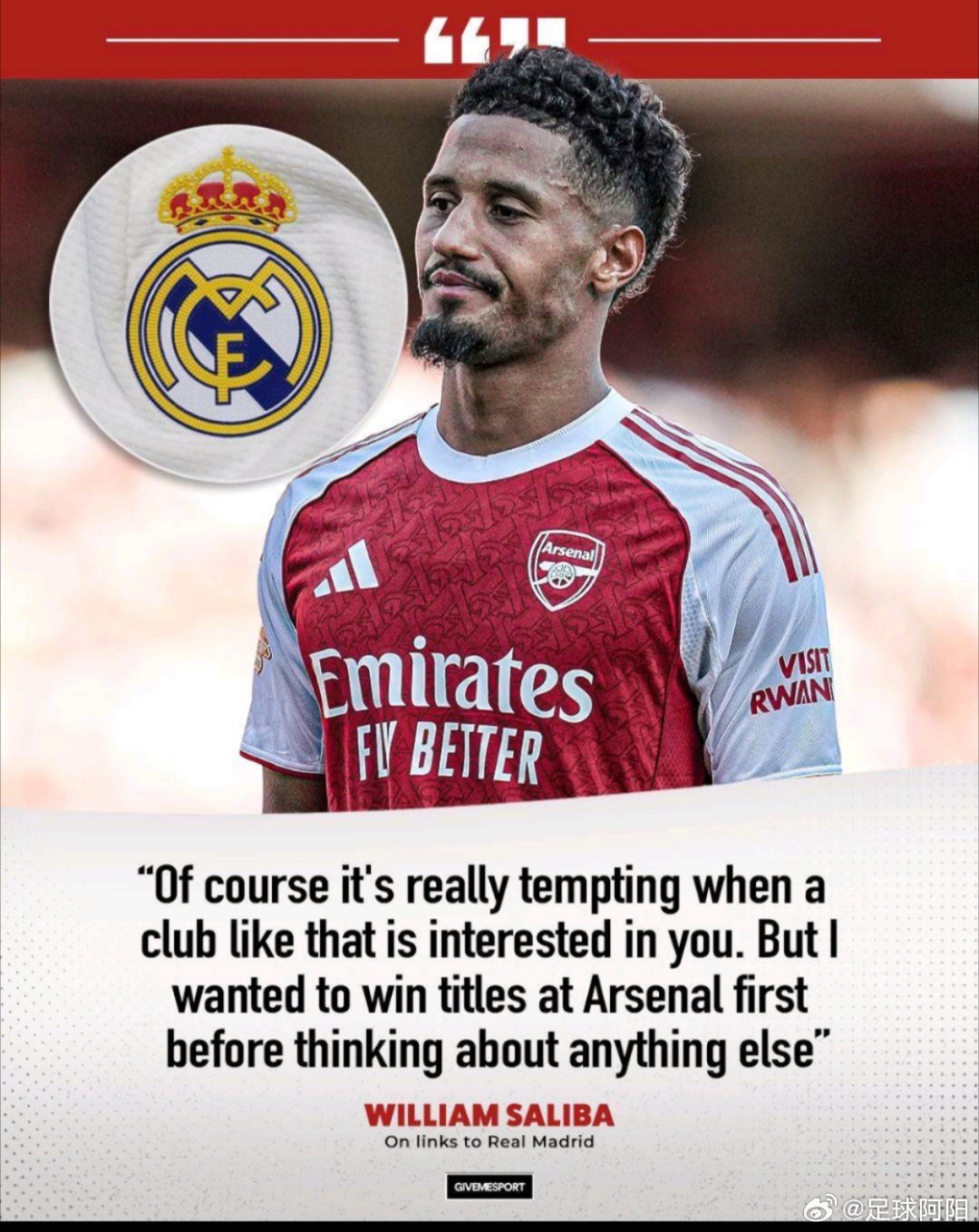 萨利巴回应皇马兴趣：先助阿森纳夺冠，再谈未来近日，多家媒体报道皇马对阿森纳中卫