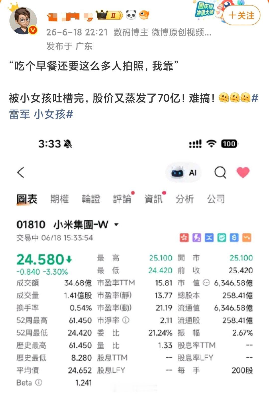 雷军吃早餐被小女孩吐槽和股票下跌并没有直接关系，这是典型的故意强加因果关系