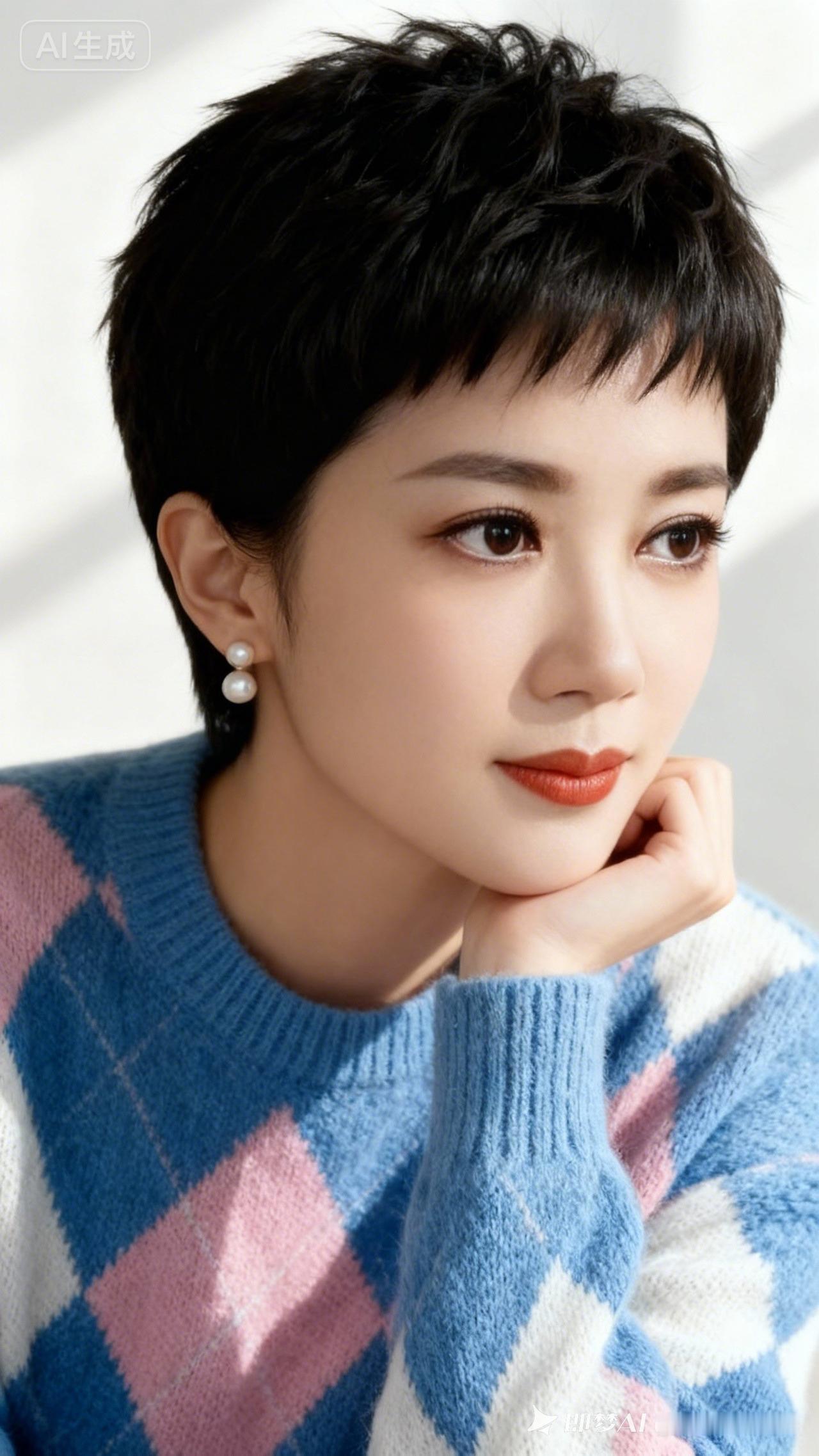 她托着下巴浅笑，深棕卷发衬着白皙的鹅蛋脸，棕红暖唇与明眸相映，姿态慵懒优雅，如沐