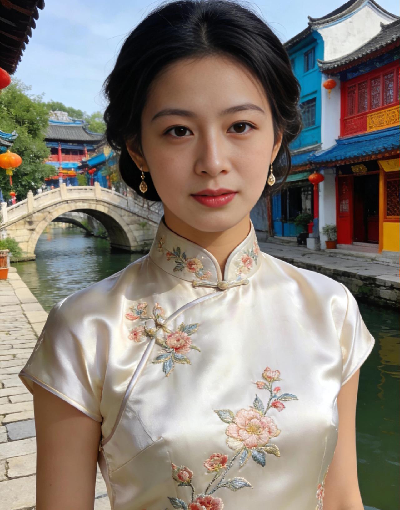 江南旗袍照介绍烟雨氤氲的江南，宛如一幅水墨丹青画卷。一袭旗袍，恰到好处地勾勒