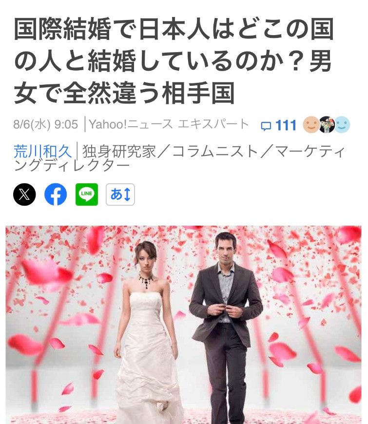 日本人的跨国婚姻，女性首选南北韩，占23%。其次美国，占17%。第三中国，占14