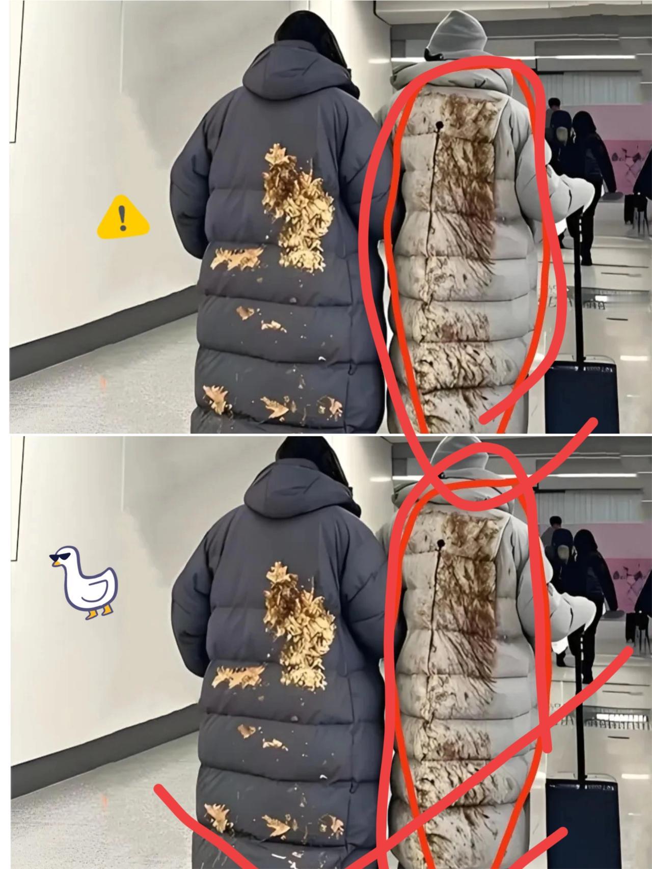 活了大半辈子，没见过这么“埋汰”的衣服！地铁里两人羽绒服后背一大片“泥汤子”，