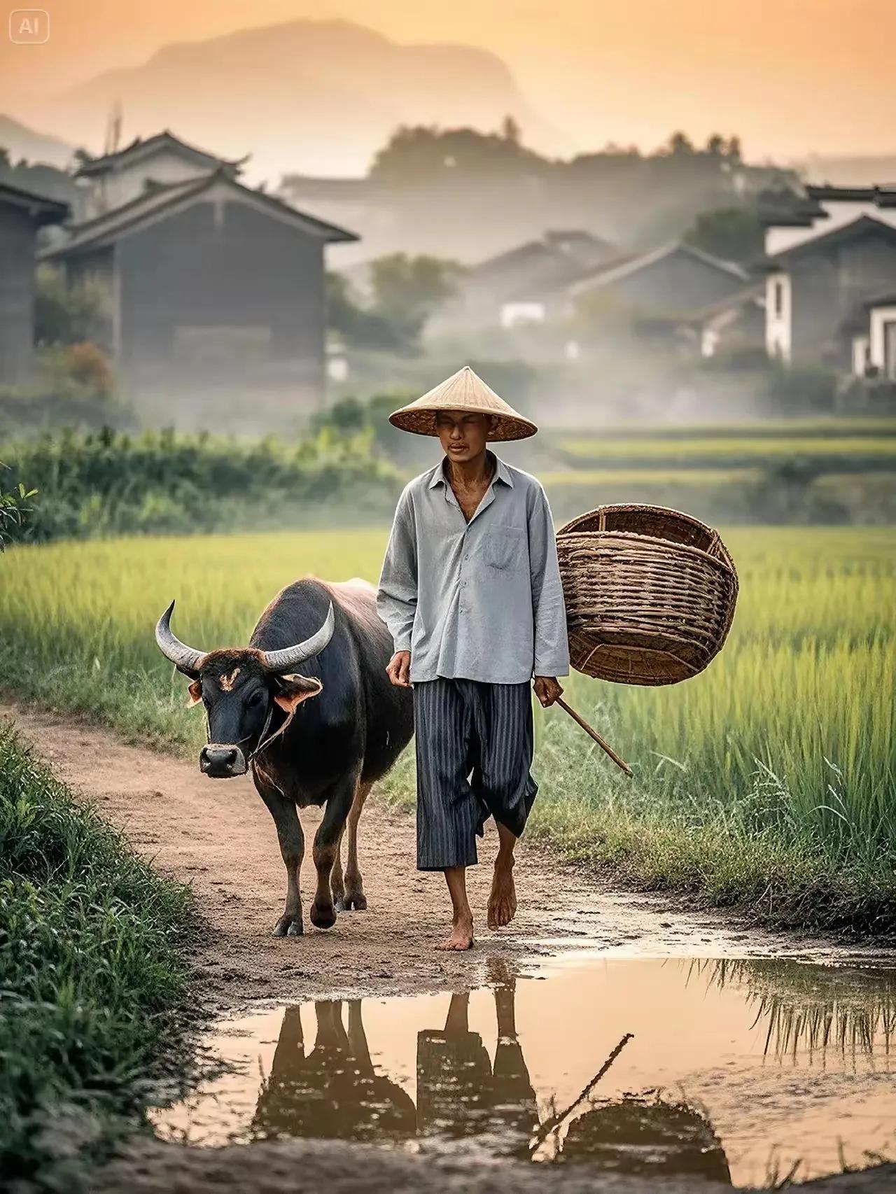 这位农村里的农民兄弟，画面上的美丽自然景色，是我中华民族历古历代男耕女织的体现