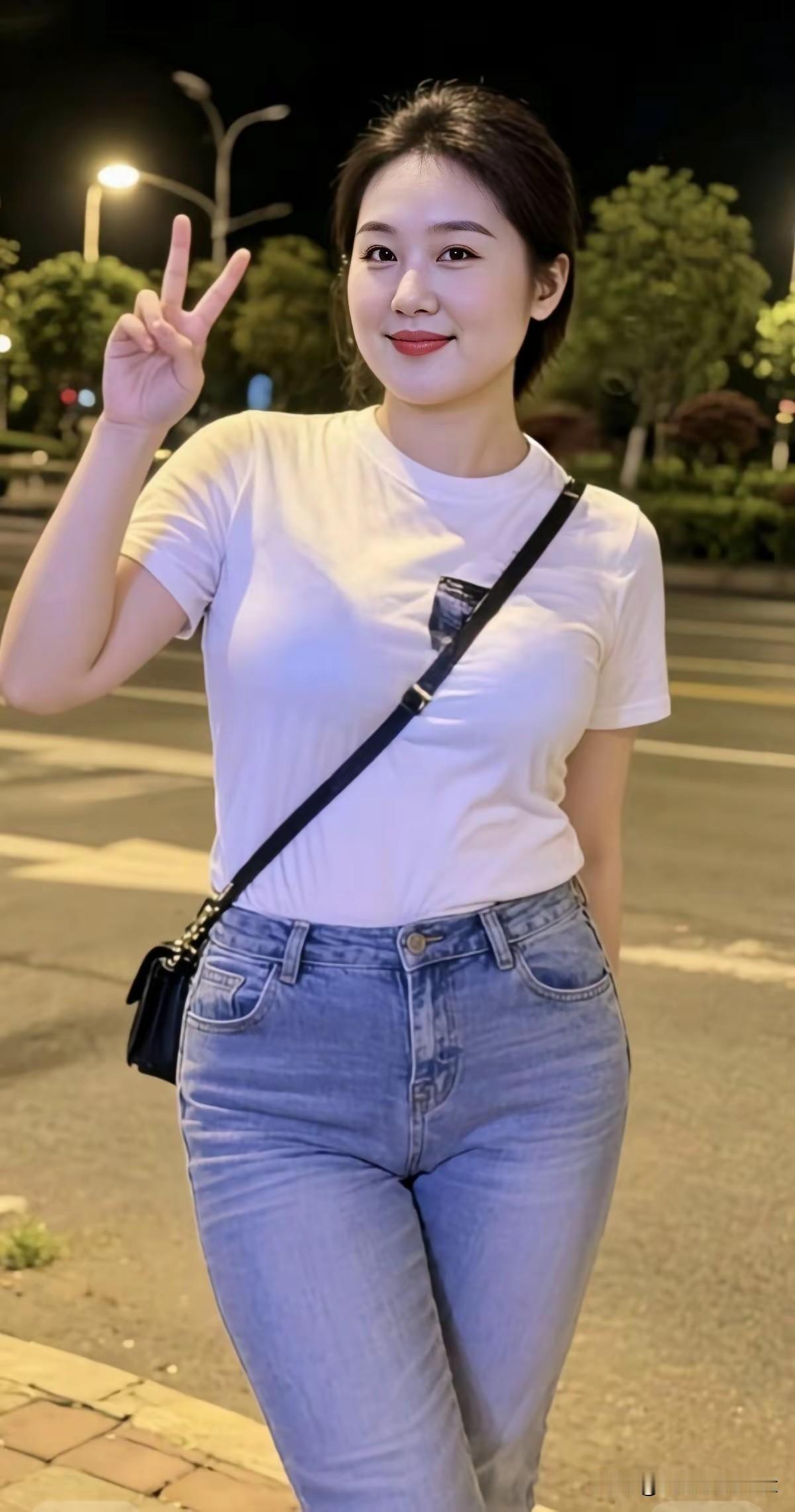 七言·夜街遇街灯如昼晚风轻，素T恤衫衬笑盈。手比V形添意趣，肩携小包