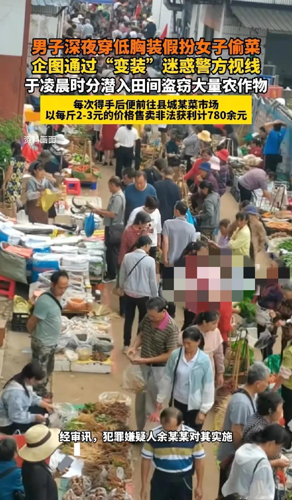 江西，男子听说卖菜挣钱，可他又不想种菜，于是动了歪心思，穿着低胸、短裙，粉色上衣