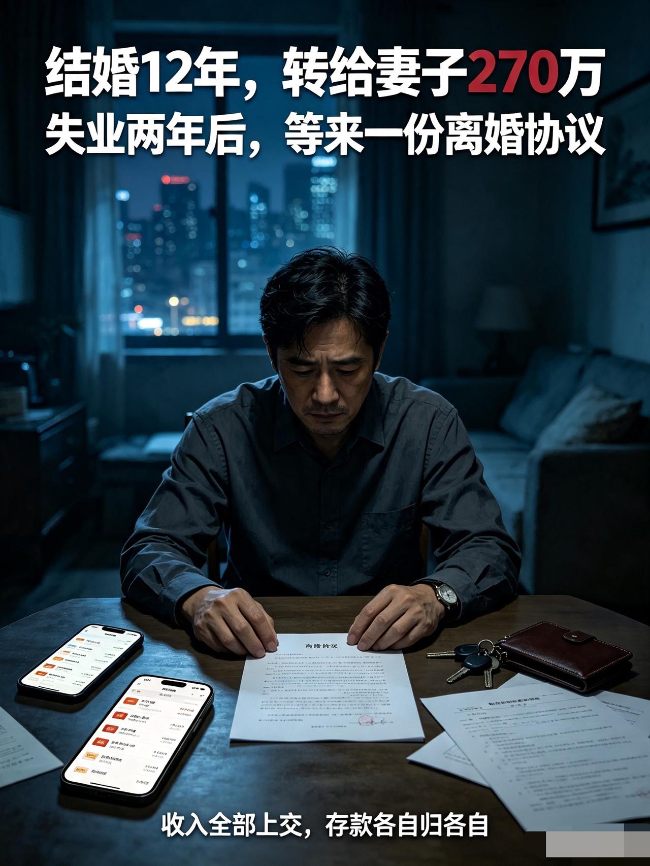 成都一男子结婚12年转给妻子270万，失业两年，就等来一份净身出户离婚协议。男