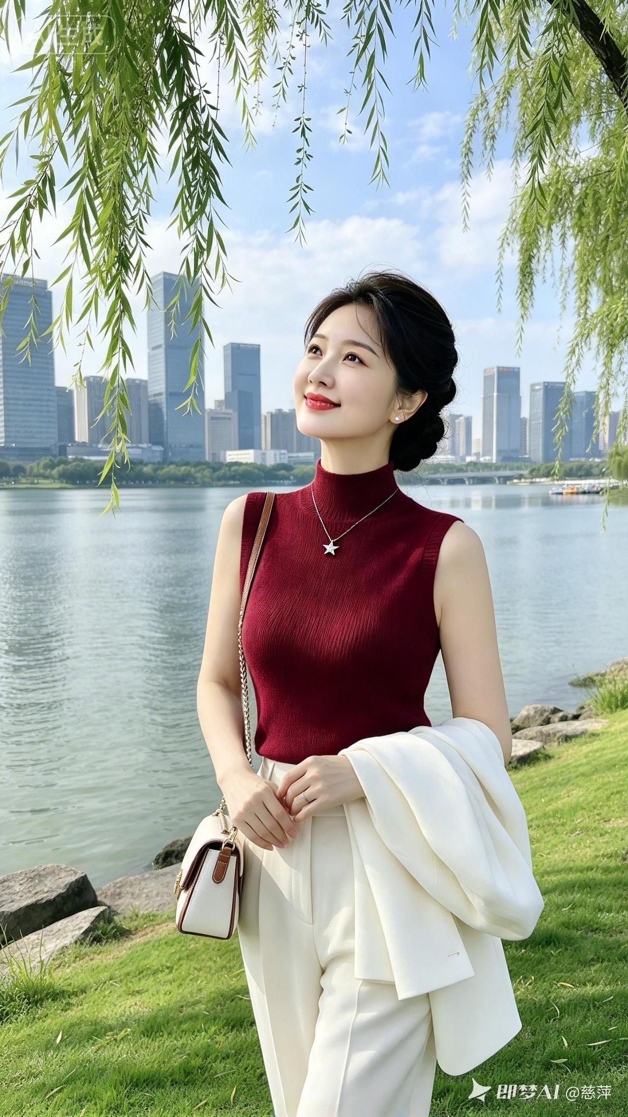 一个女孩在湖边微笑，风景很美。
