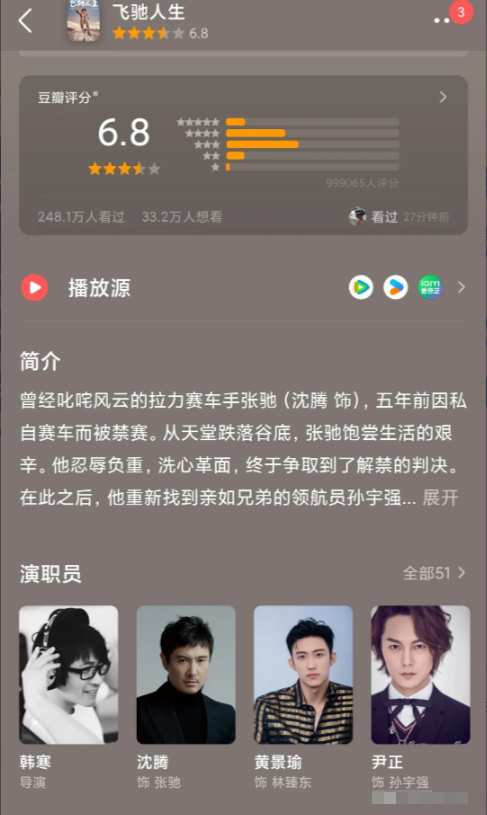 韩寒的电影，铁打沈腾，男二轮番上阵。《飞驰人生》2019年上映，男二是黄景瑜，
