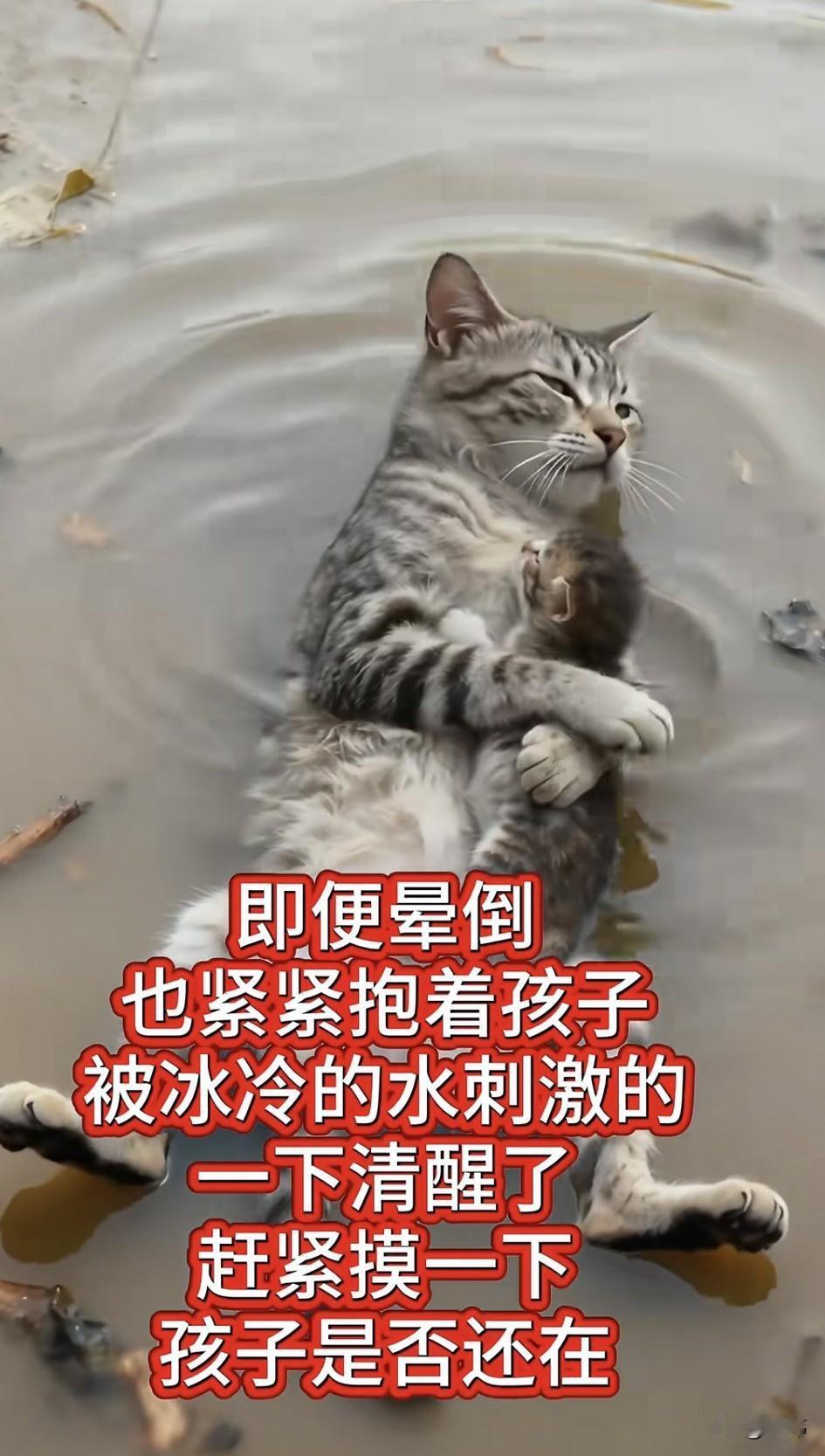 泪目了！一只流浪猫的家被洪水冲垮了，它拼命救出了自己的孩子，叼着孩子在水里游了很
