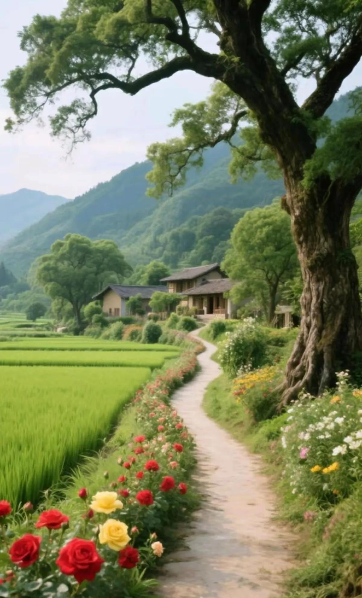七绝·乡间小路文/方立新乡间小路绽妍花，瓦屋幽居是老家。翠绿禾苗春意在，