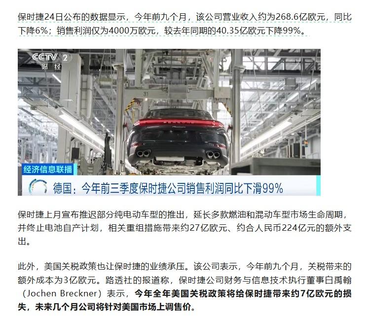 保时捷前三季度其销售利润同比大幅下滑99%,未来几个月公司将针对美国市场上调售价
