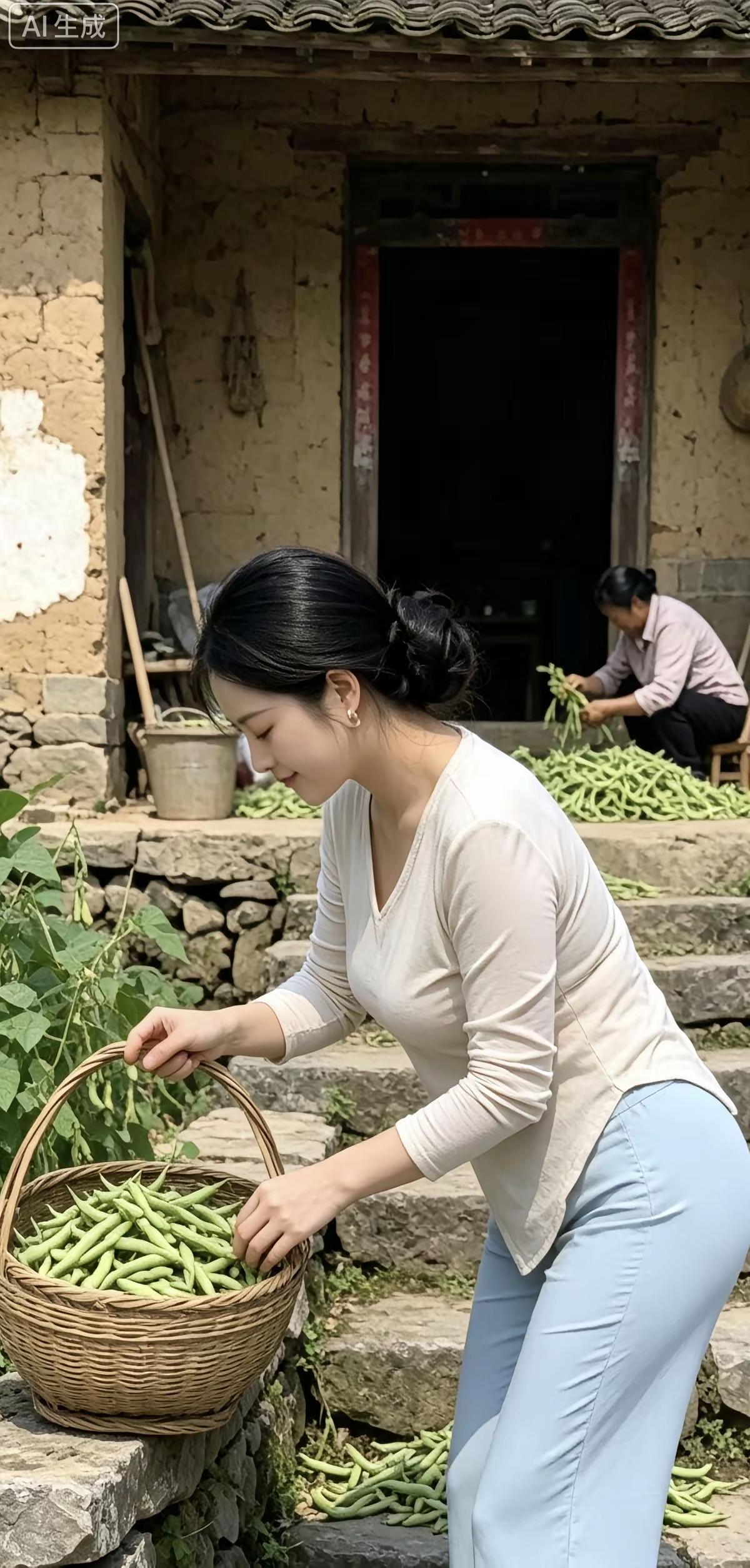 妈妈在帮奶奶晒豆角。