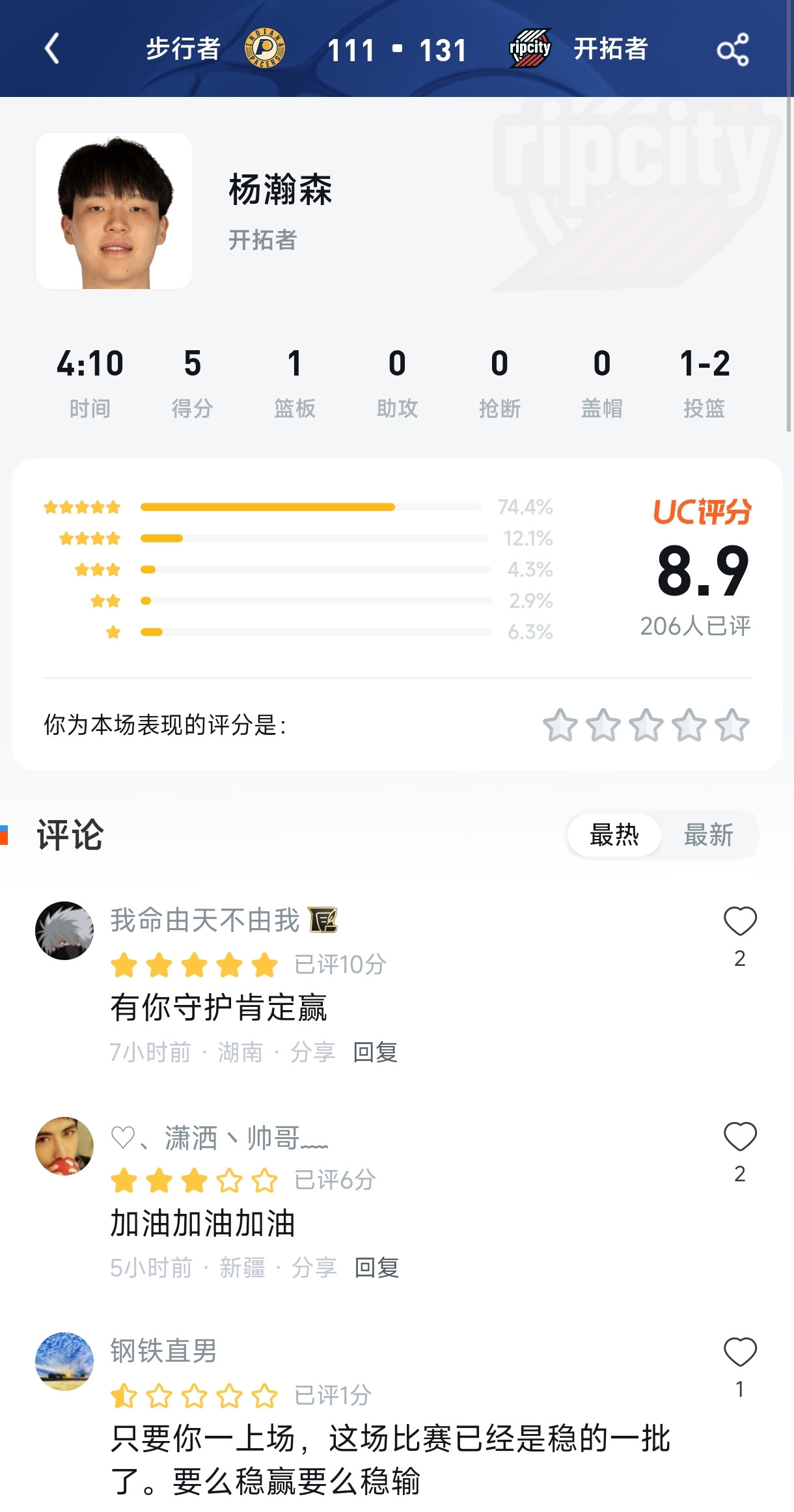 只打4分钟却拿8.9分！杨瀚森5分暴扣点燃评分区