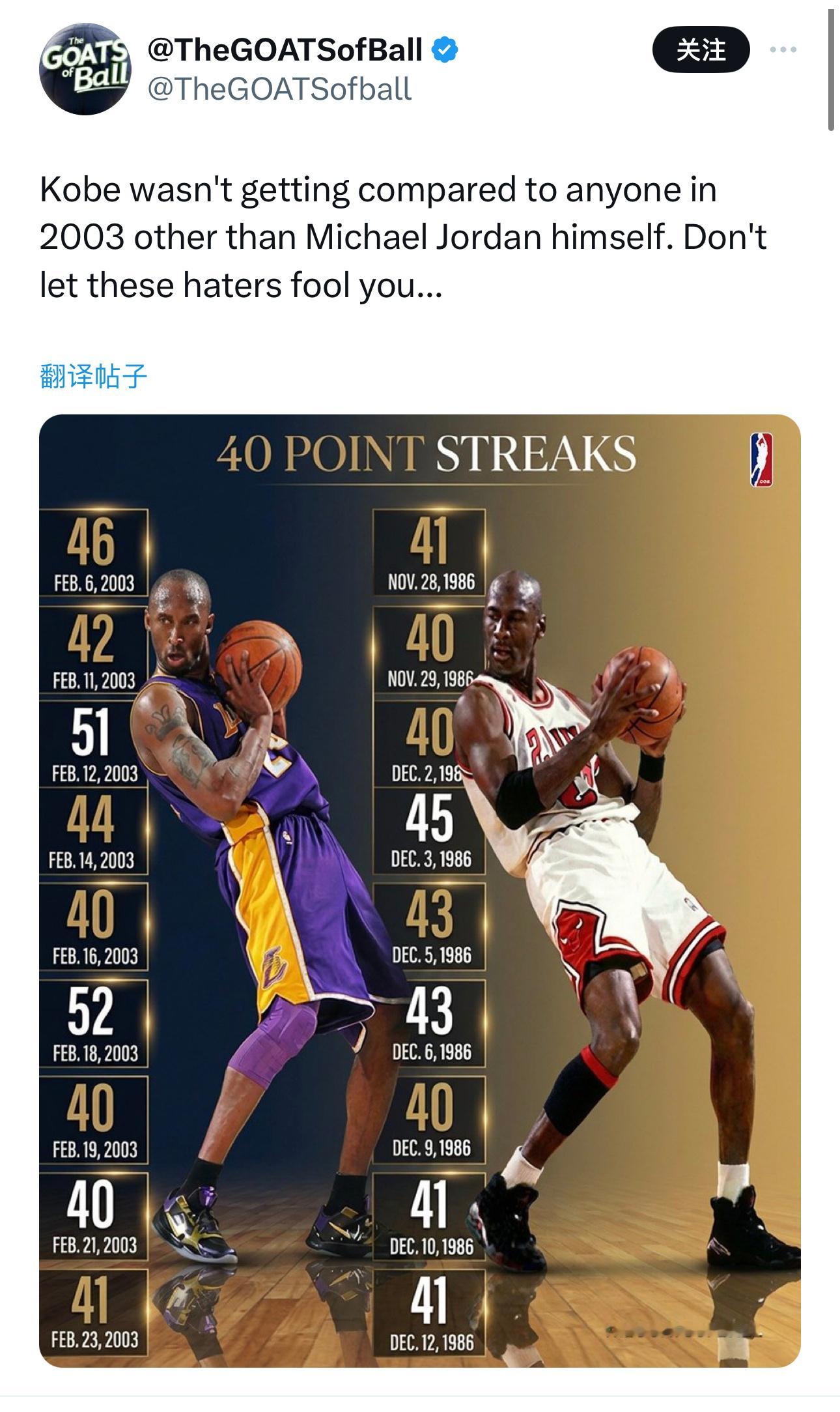 2003年，科比除了迈克尔·乔丹之外，几乎没人拿他跟其他人比较。别被那些黑子骗了