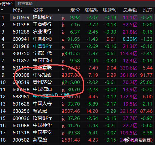 竞价最后一秒中际旭创超越茅台！老登：悬着的心死了，早知道最后几分钟不去冲白酒了。