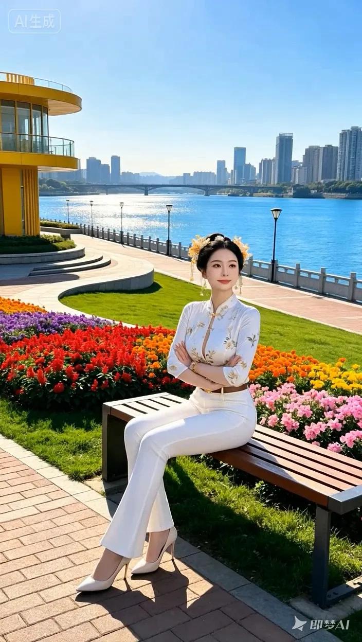 七绝●云淡风轻姹紫嫣红美岸汀，争妍竞艳引人停。楼黄水碧阳光照，日丽风和