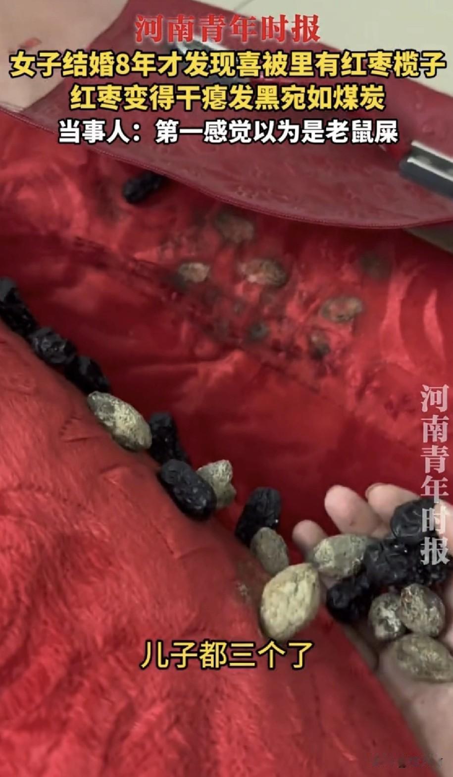 广东，女子搞卫生，翻出一床8年前结婚时的喜被，打开被子看见很多又干又黑的小颗粒，