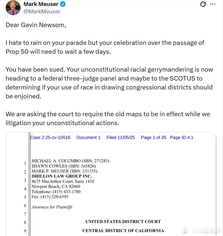 加州宪法律师马克·梅瑟起诉纽森：亲爱的加文·纽森很抱歉要扫你的兴，但你为第50