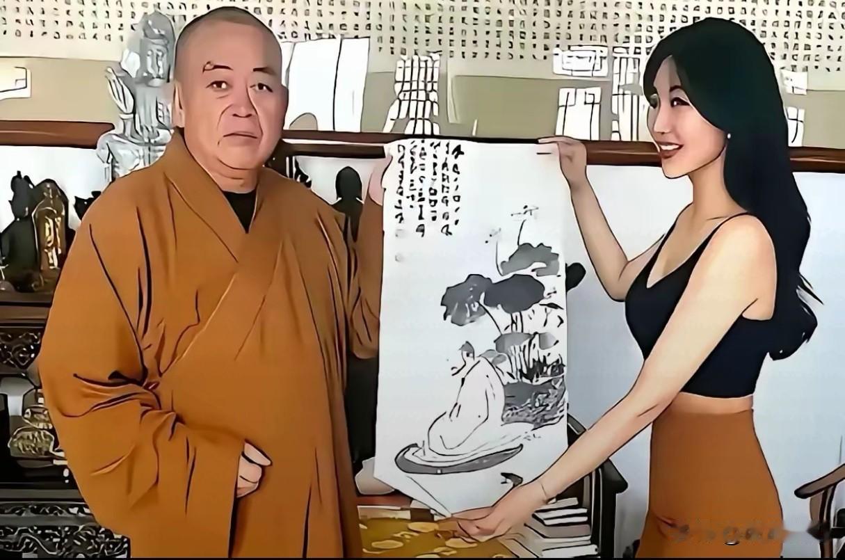 美女送释永信一幅画是几个意思？画上荷花和尚画正着念与反着念都一样，还自带双