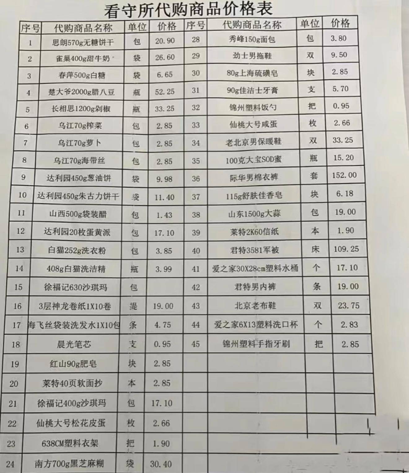 看守所代购价格一览。