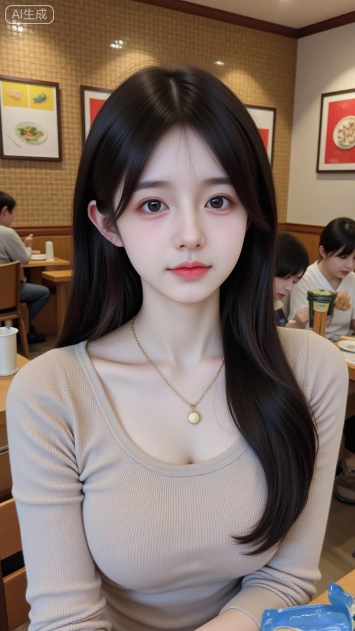 餐厅里的温柔系氧气美人奶茶色针织衫衬得气质又柔又净，颈间细链添了点精致✨