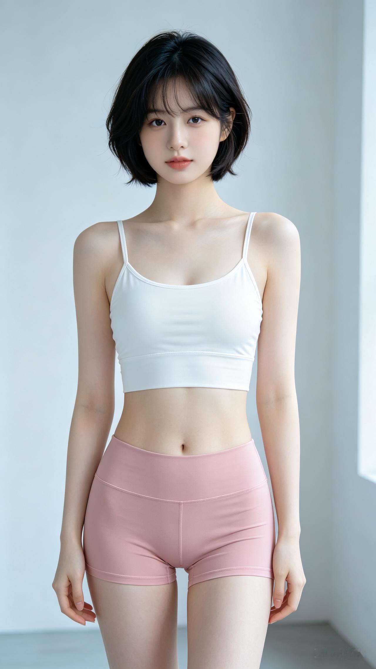 冷白皮女生身着白抹胸与粉瑜伽短裤，鹅蛋脸气质清冷明艳，肤质真实细腻，站姿舒展自然