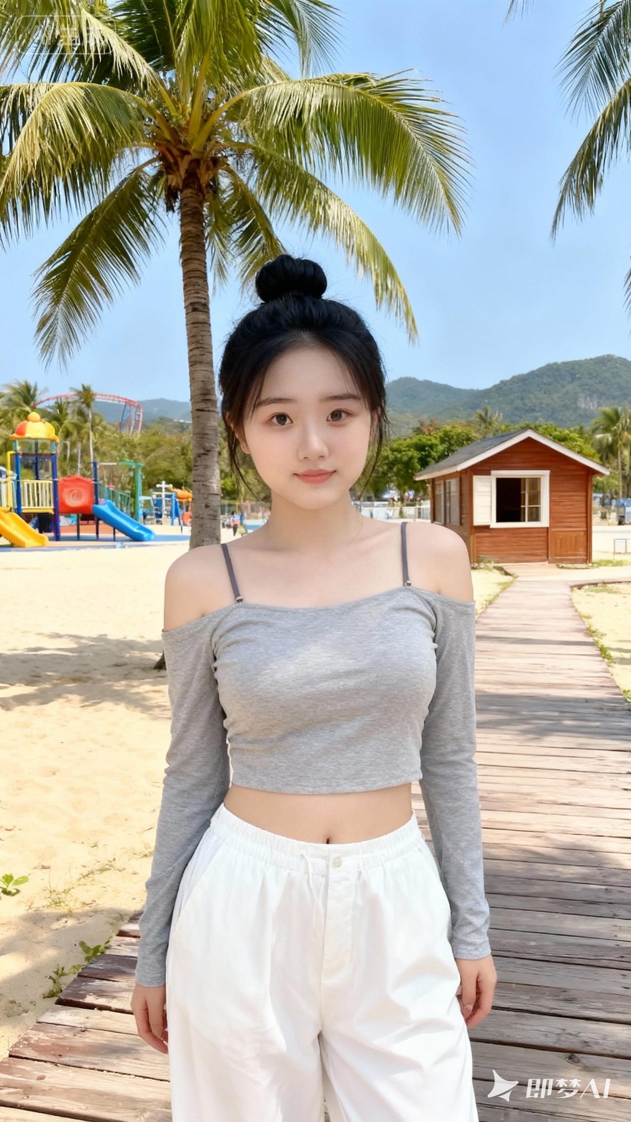 年轻女性，黑色高丸子头，身着浅灰色露肩长袖短上衣（吊带设计）、白色宽松长裤，前凸